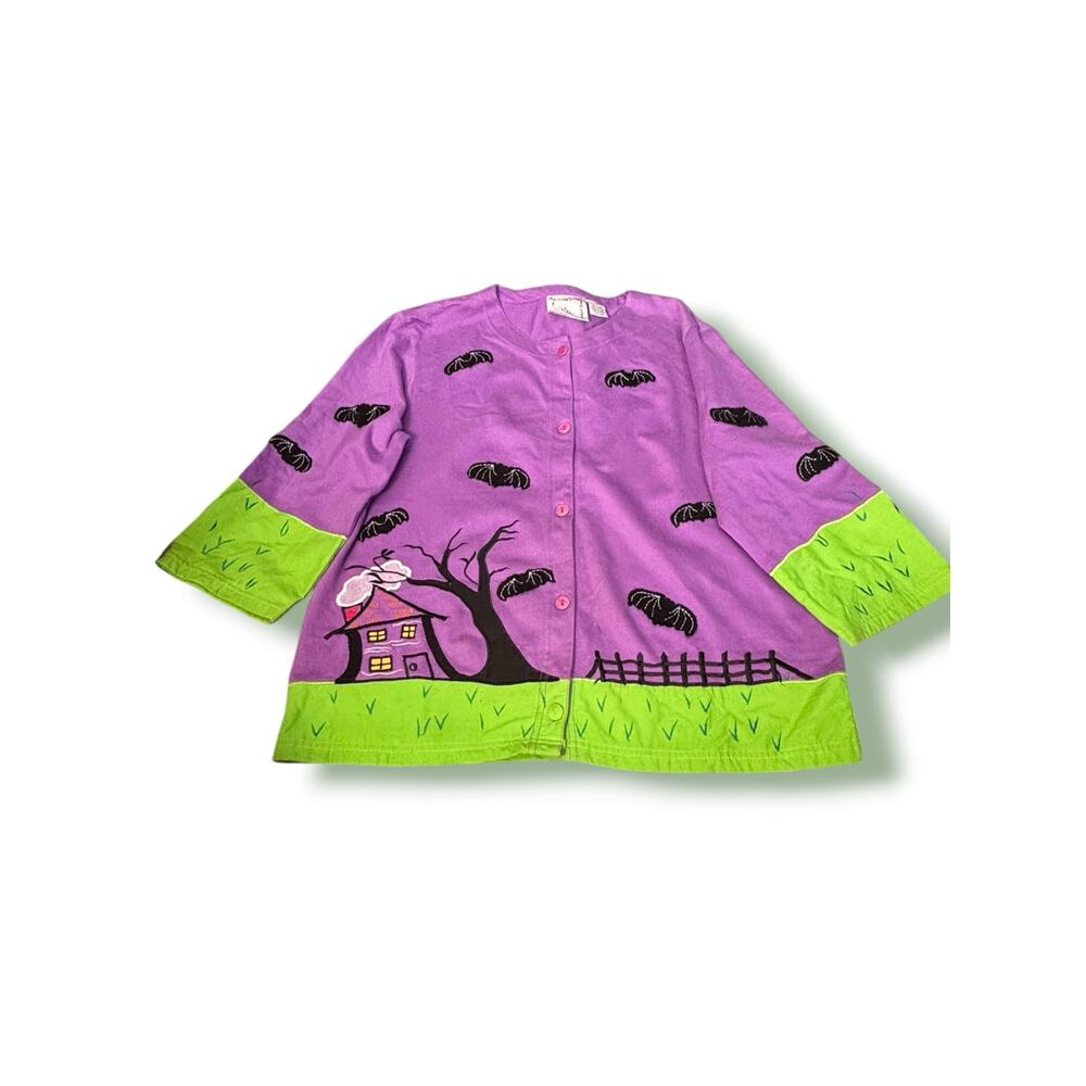 Vintage Michael Simon Lite Halloween Cardigan Haunted House Bats‎ Purple Cotton